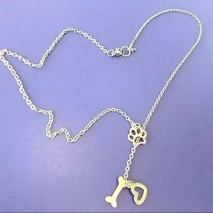 Paw Print Pet Love Dangle Drop Dog Bone Charm Heart Pendant SS Silver Necklace